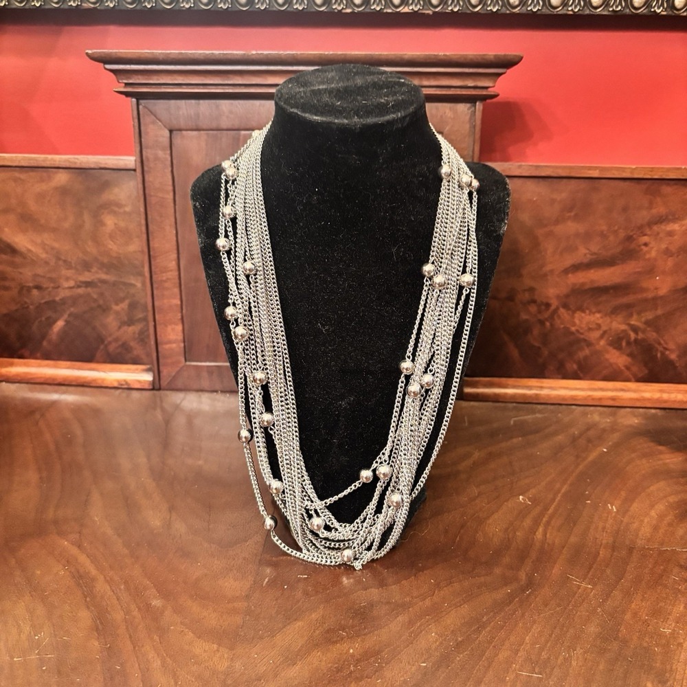 Vintage Multi Strand Silver Necklace Layered Chain Beaded Statement Jewelry